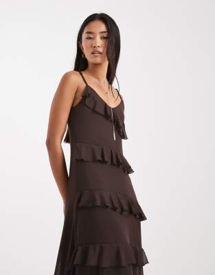 Object Mesh Ruffle Cami Maxi Dress In Brown