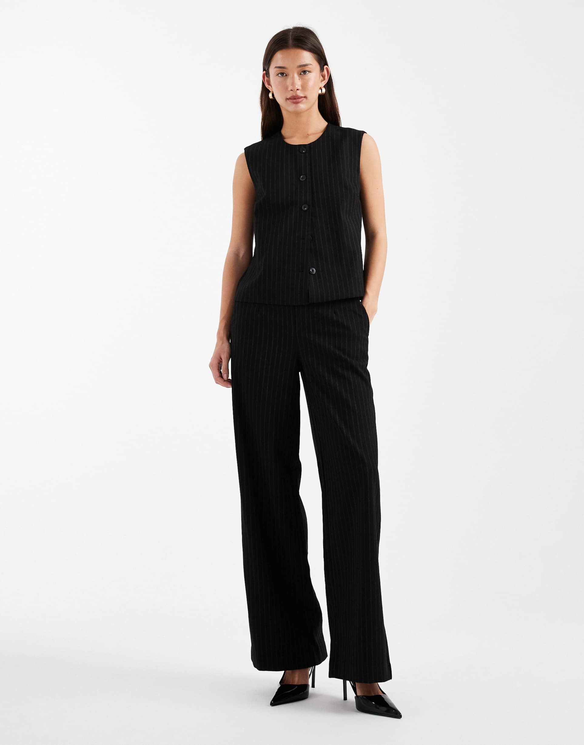 object mid rise pull on dress pants in black gray pinstripes - part of a set