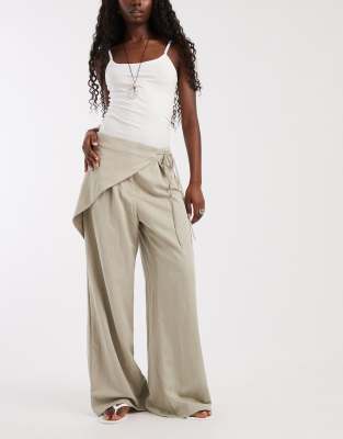 Object Mide Rise Wrap Detail Wide Leg Pants In Green