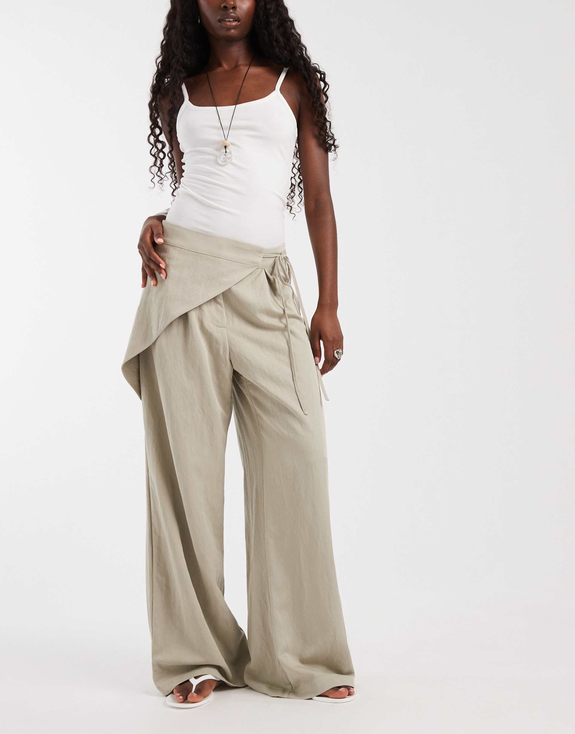 object mide rise wrap detail wide leg pants in sage green