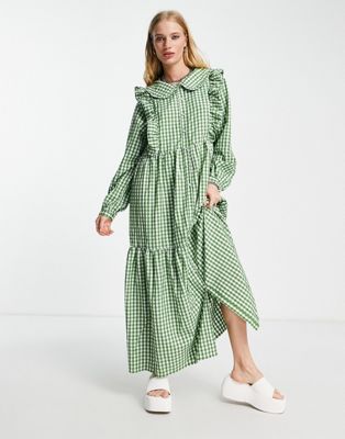 Object midi dress with frill detail in green gingham