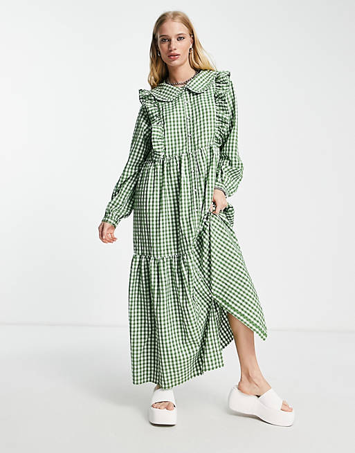 Object midi dress with frill detail in green gingham