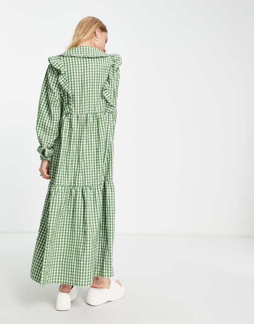 Object midi dress with frill detail in green gingham, 4 of 4