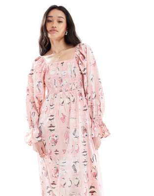 Object - Midi-Hängerkleid in Rosa mit Fisch-Print in Vintage-Waschung-Bunt
