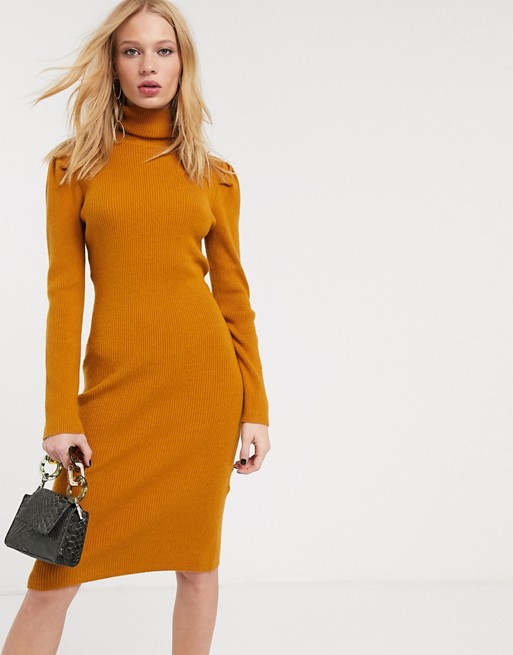 Object midi jumper dress with puff shoulder in rust