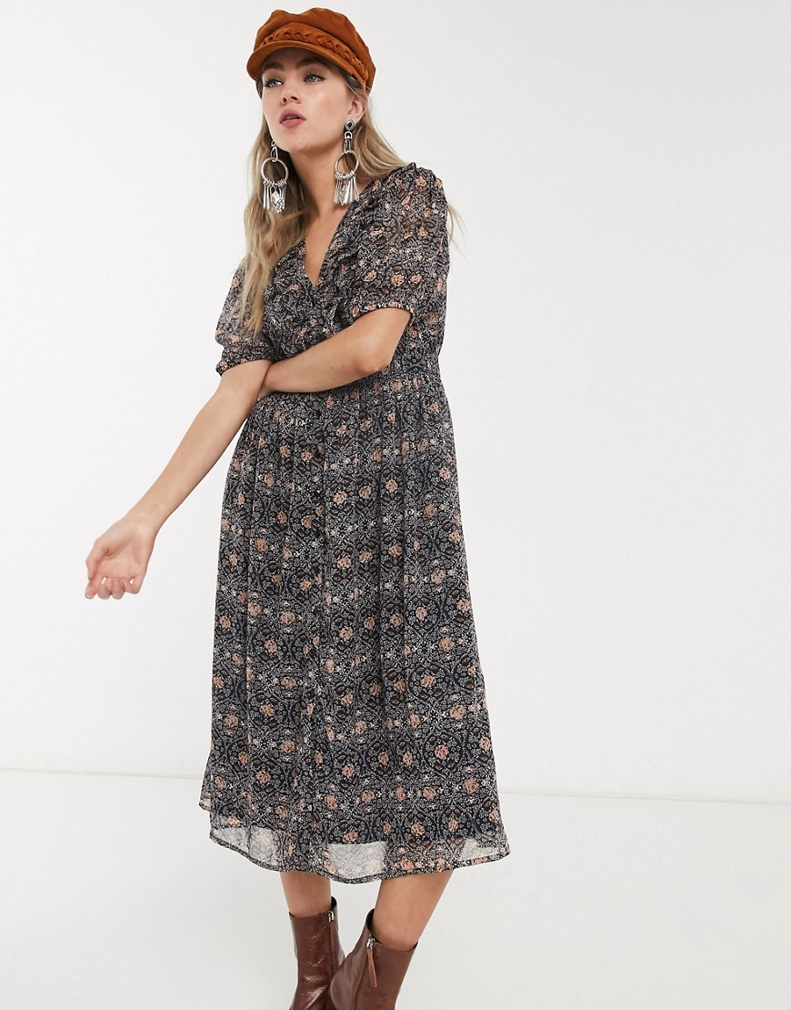 Object - Midi-jurk met pofmouwen en paisleyprint-Multi