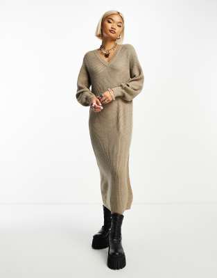 Object - Midi-Pulloverkleid aus Strick in Beige meliert mit V-Ausschnitt und Ballonärmeln-Neutral