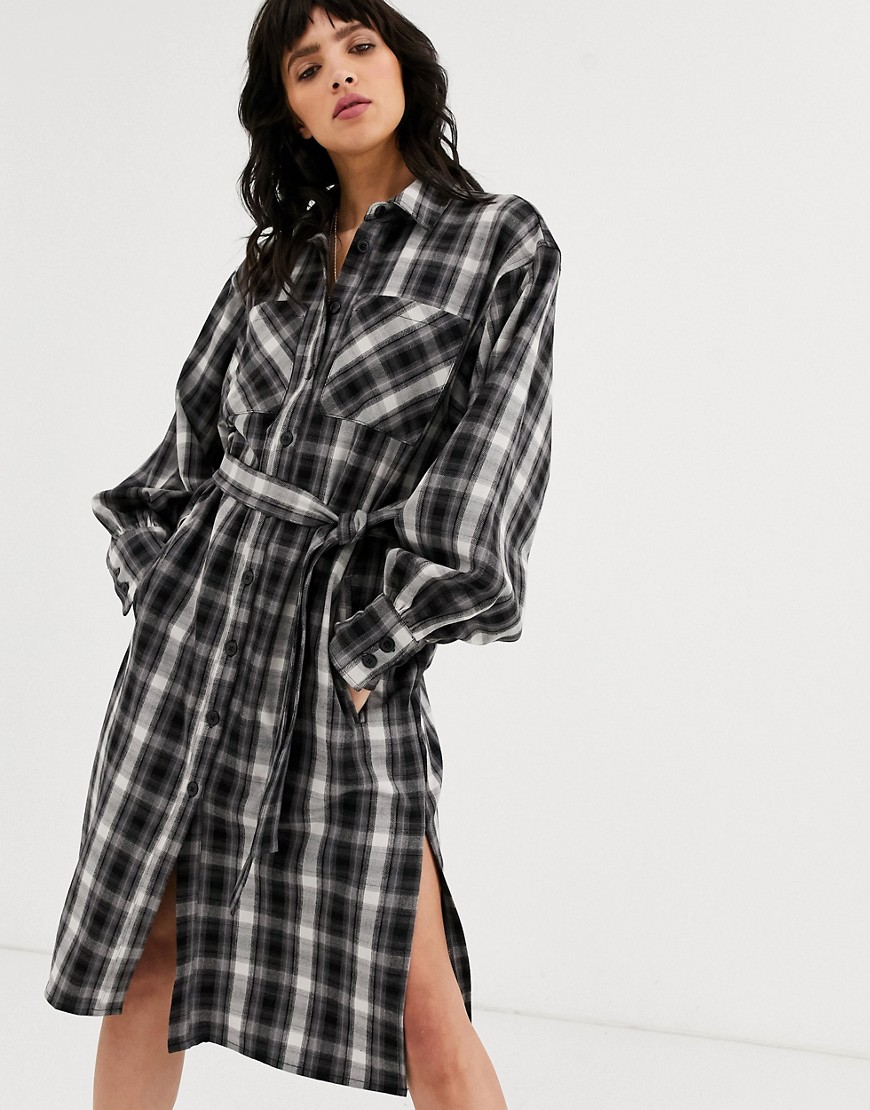 Object midi shirt dress with volume sleeves in black check-Multi