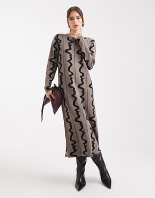 Object - Midi-Strickkleid in Schokobraun mit abstraktem Muster-Schwarz