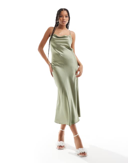 Object – Midi-Trägerkleid in Khaki mit Wasserfallausschnitt