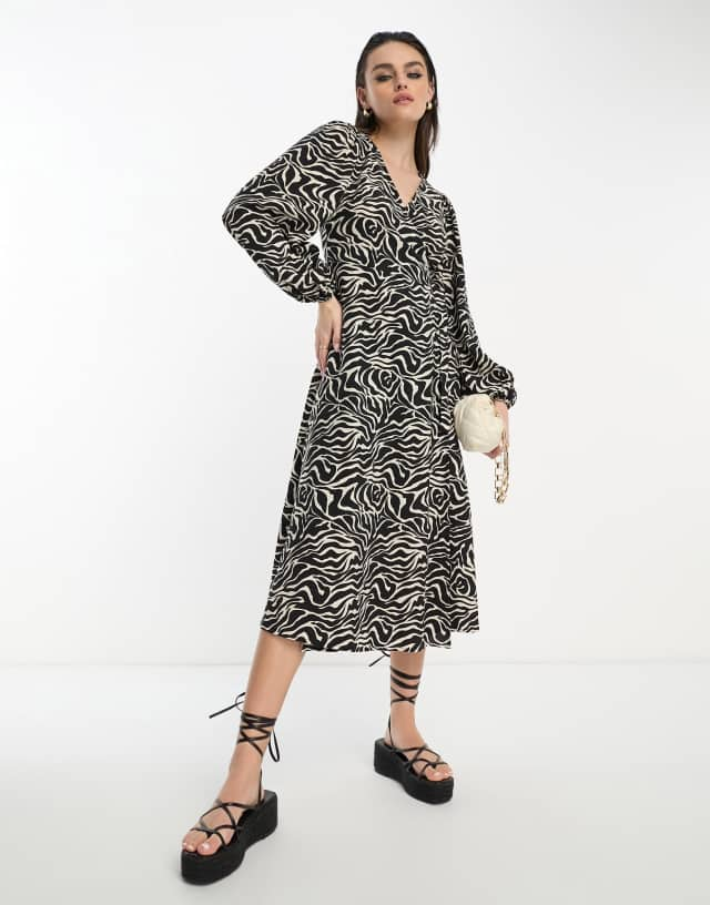 Object midi wrap dress in black and white print