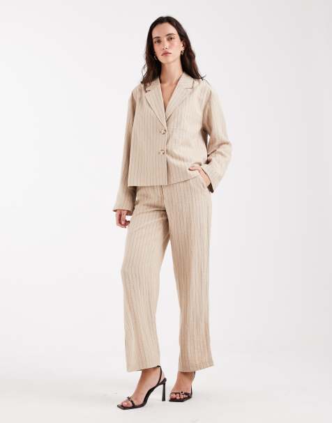 Object mix and match wide leg tailored trouser co-ord in humus and black pinstripe