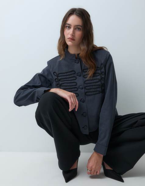 Object military style embroidered detail smart jacket in navy - view 1