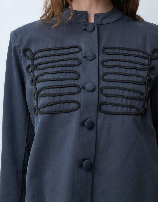 Object military style embroidered detail smart jacket in navy, 3 of 5