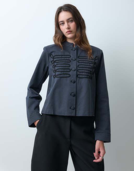 Object military style embroidered detail smart jacket in navy, 5 of 5