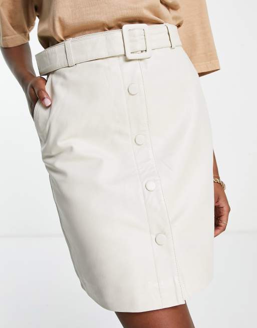 Object - Mini-jupe ceinturée en cuir véritable - Crème, 3 de 4
