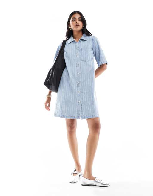 Object - Mini-overhemdjurk met krijtstreep in lichte denim 