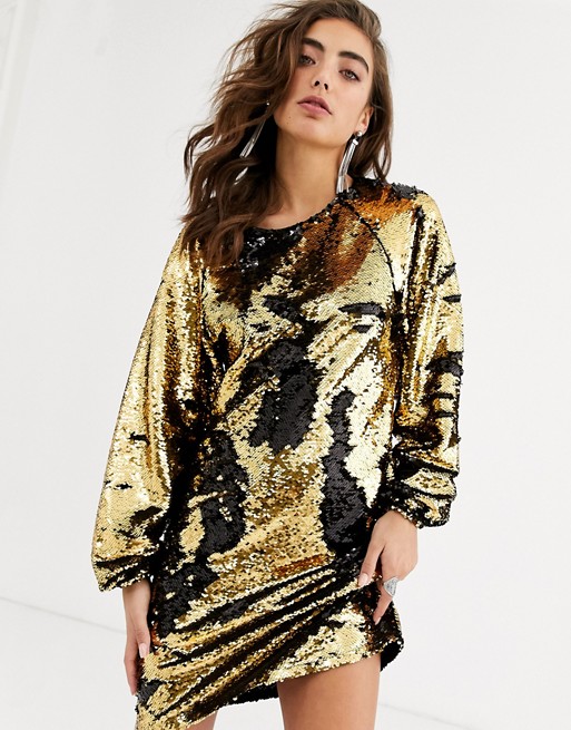 Object mini shift dress with balloon sleeves in black and gold sequin