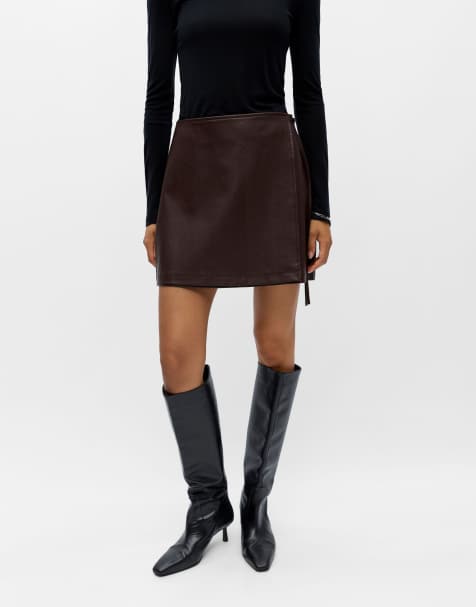 Object Olive faux leather mid waist medium wrap mini skirt in seal brown