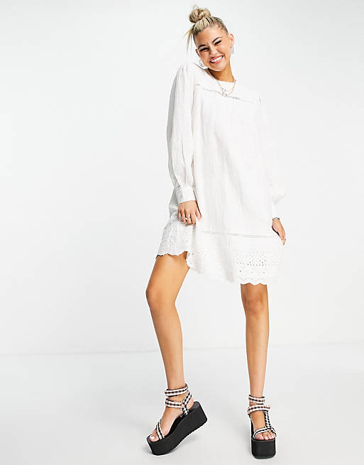 Object mini smock dress with lace detail in white