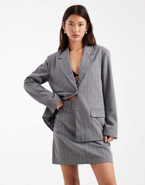 Object - Minigonna sartoriale elasticizzata grigia con motivo gessato in coordinato - view 1