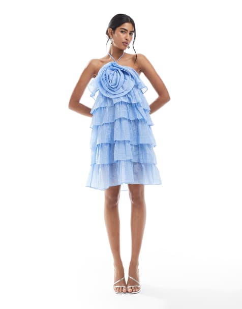 Object – Minikleid in Blau mit Neckholder und auffälligem Blumendesign - view 1