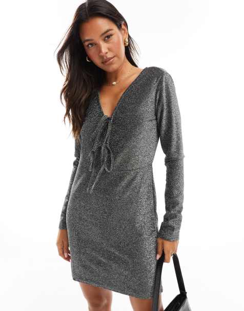 Object – Minikleid in glitzerndem Silber mit Schnürung vorne - view 1