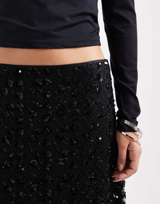Object – Mit Blumenmuster verzierter Pailletten-Midirock in Schwarz, 3 von 4