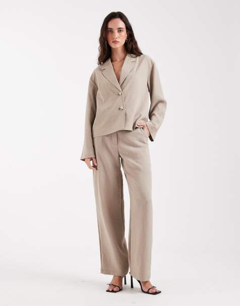 Object mix and match short boxy tailored blazer, vest and wide leg pants set in taupe - view 1