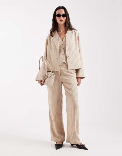 Object mix & match short boxy tailored blazer co-ord in humus and black pinstripe, 2 of 4