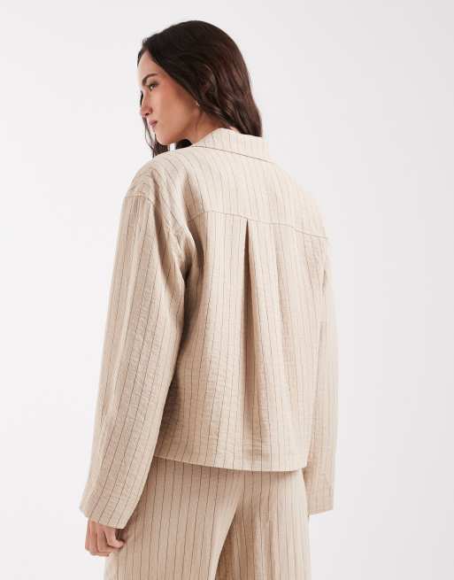 Object mix & match short boxy tailored blazer co-ord in humus and black pinstripe, 3 of 4