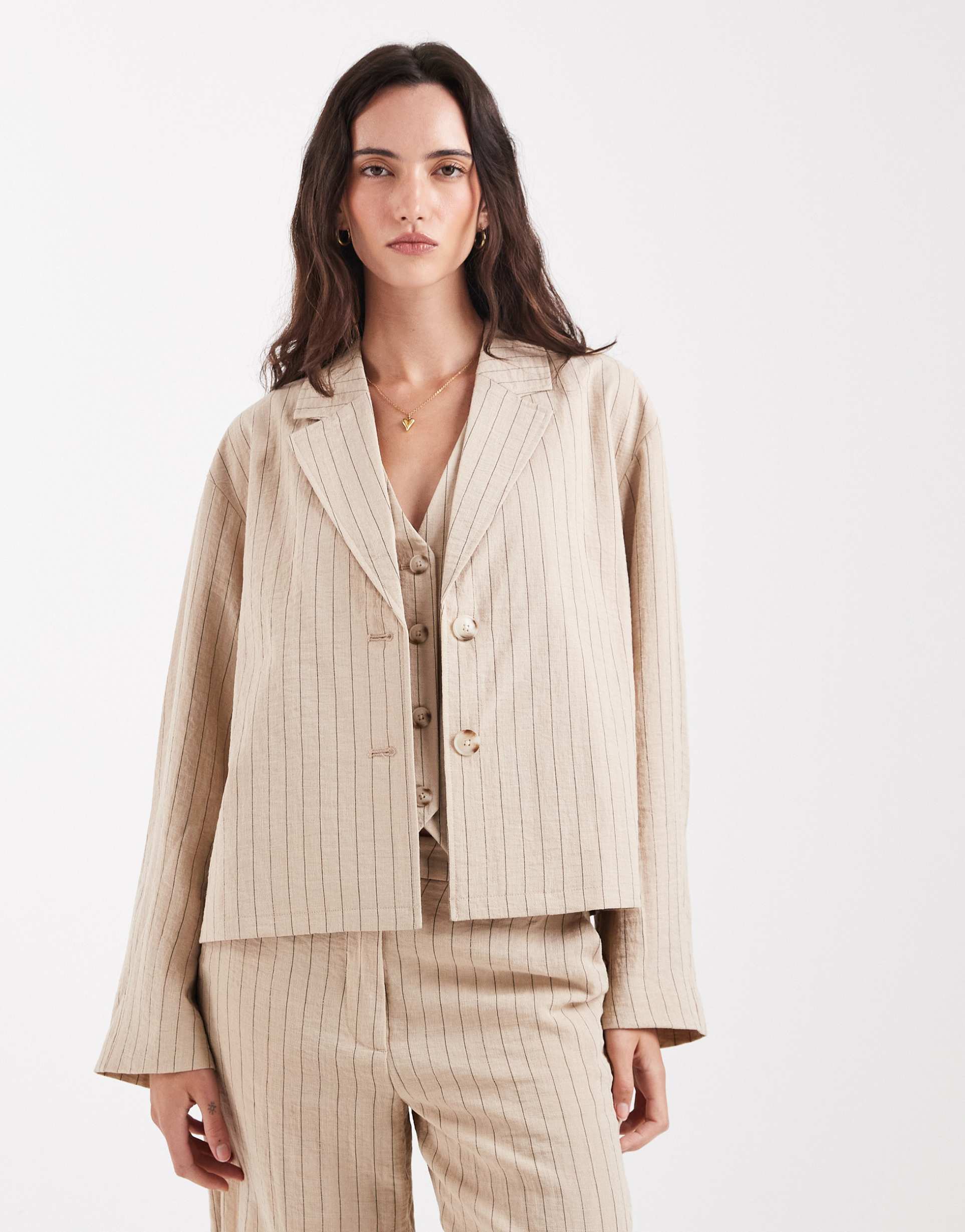 object mix & match short boxy tailored blazer in hummus and black pinstripes - part of a set