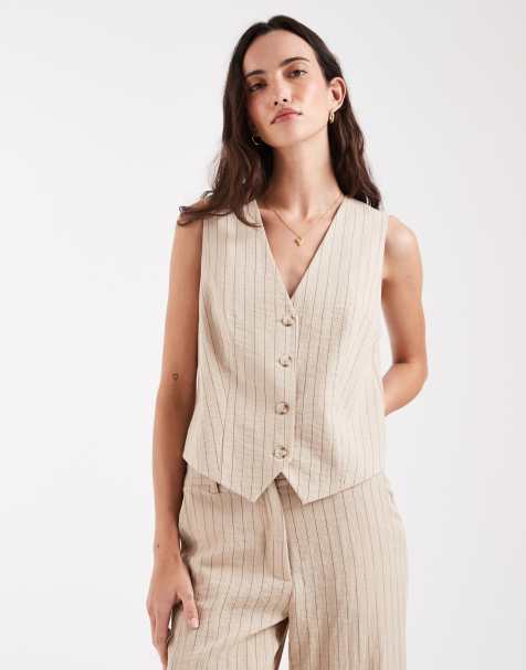 Object mix & match tailoried waistcoat co-ord in humus and black pinstripe - view 1