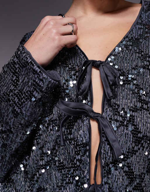 Object – Mörkt silverfärgad topp med knytning framtill och kontrasterande paljetter, del av set, 2 av 4