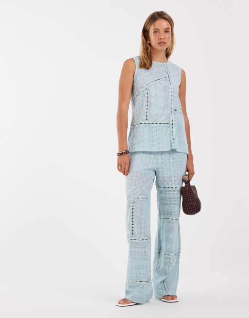 Object - Mouwloze gehaakte top met kanten patchwork in hemelsblauw, deel van co-ord set, 2 van 4