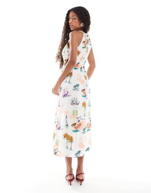 Object – Neckholder-Midikleid mit seitlichem Bindedetail und Postkarten-Print in warmen Farben, 4 von 4