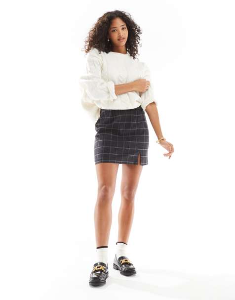 Object notch front tailored skirt in dark grey melange with windowpane check - view 1