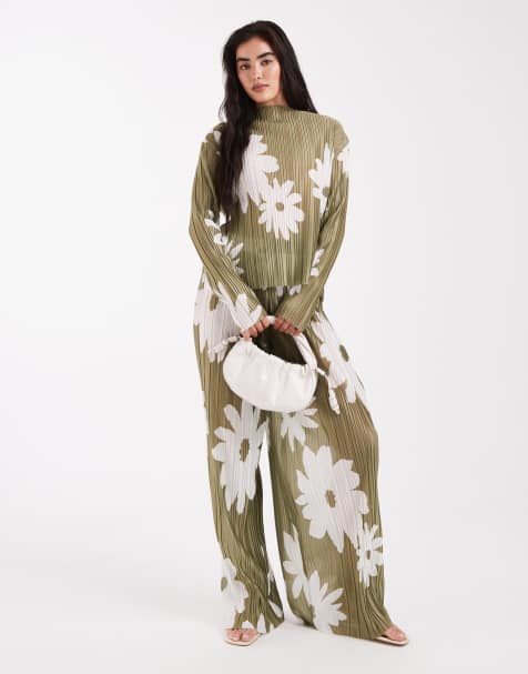 Object plisse long sleeve top co-ord in olive flower print 