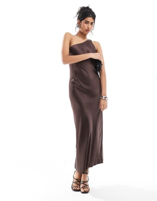 one shoulder satin maxi dress in brown