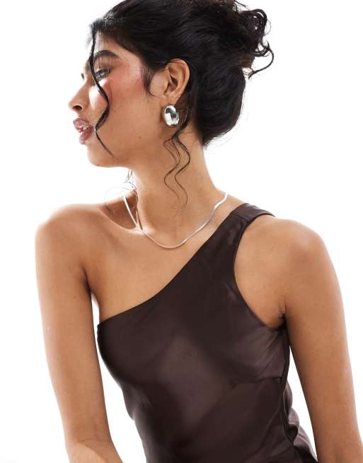 Object one shoulder satin maxi dress in brown