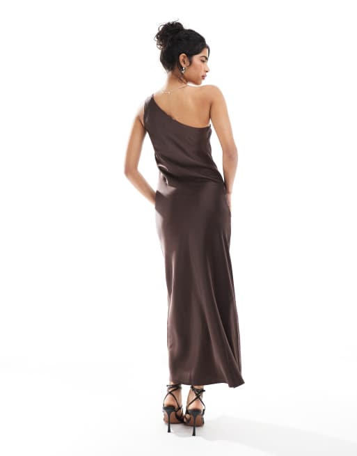 Object one shoulder satin maxi dress in brown