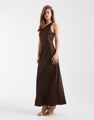 Object One Shoulder Satin Maxi Dress In Brown
