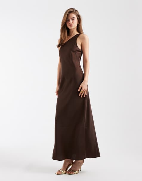 Object one shoulder satin maxi dress in brown