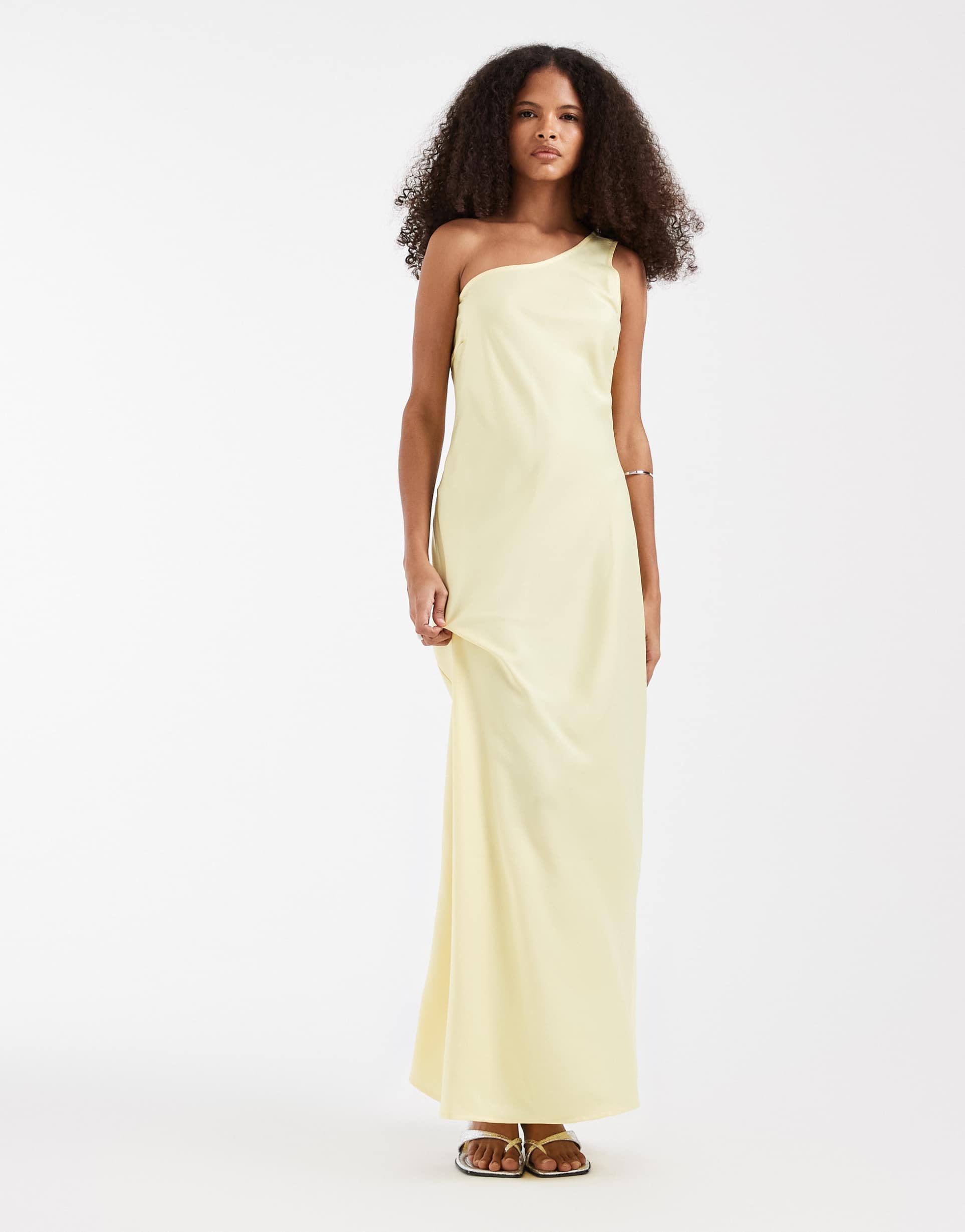 object one shoulder satin maxi dress in butter yellow