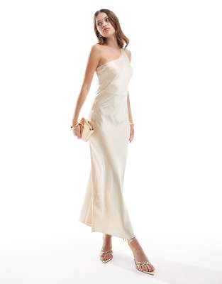 one shoulder satin maxi dress in cream-White