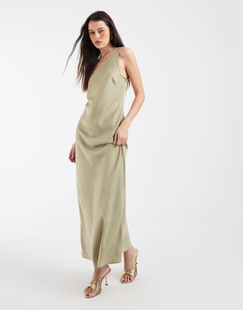 Object one shoulder satin maxi dress in sage green - view 1