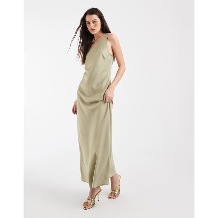 l one-shoulder satin maxi dress sage HELLO MOLLY The Aurora One Shoulder Satin Maxi Dress Sage