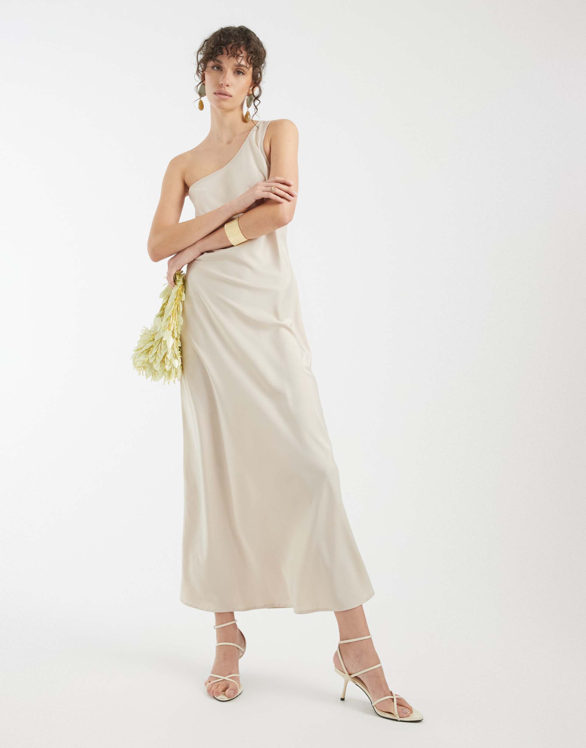 object one shoulder satin maxi dress in sandshell