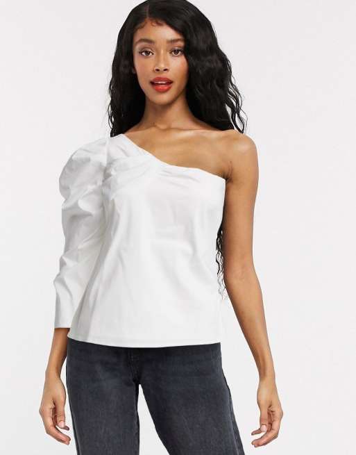 Object one shoulder top with puff sleeve in white