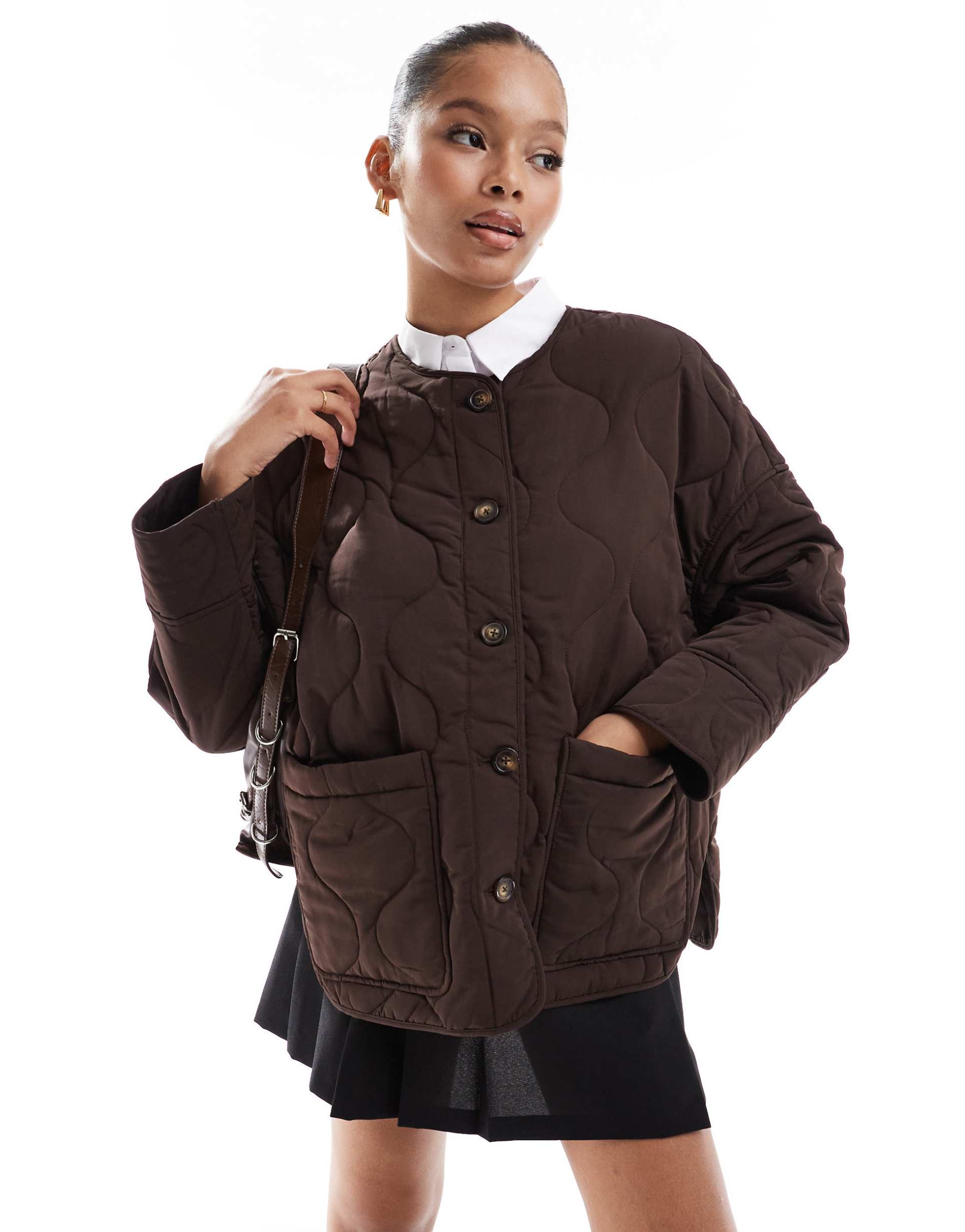 object onion quilted front pocket bomber jacket in brown